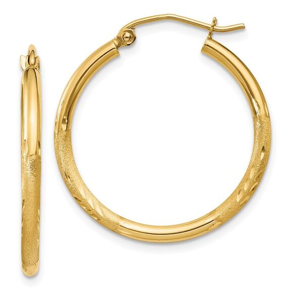 10k Yellow Gold Satin & Diamond-cut 2mm Round Tube Hoop Earrings